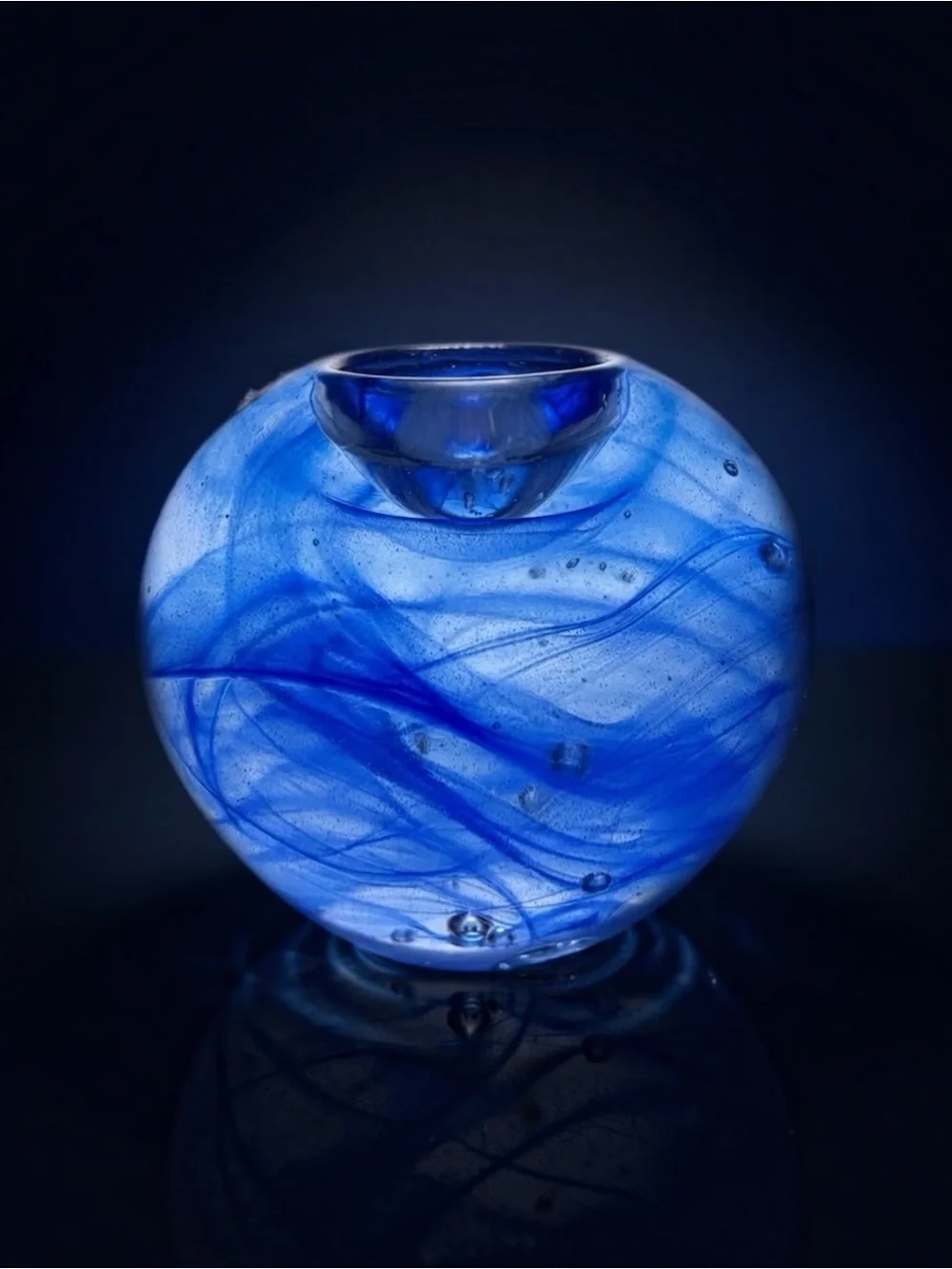 Rare Vintage Kosta Sweden Blue Swirl Art Glass Votive Candle Holder